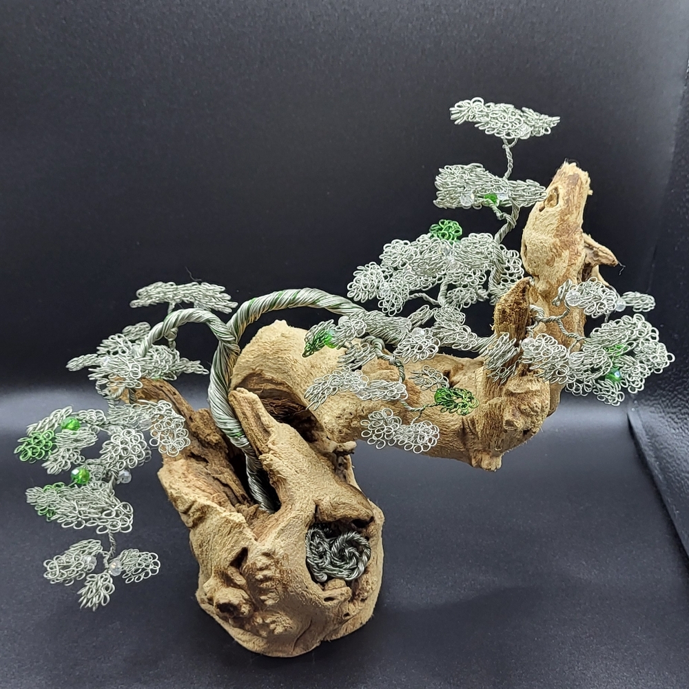 Bonsai Wire Tree , Joshua Tree of Life Silver Copper & Green Wire on Driftwood